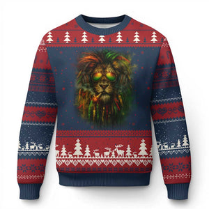 Rasta Reggae Lion Smoking Weed Ugly Christmas Sweater Jamaican Reggae Music and Weed Lovers TS10 Navy Red Print Your Wear