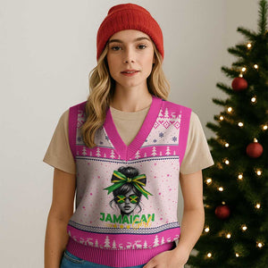 Proud Jamaican Girl V-Neck Knit Sweater Vest Jamaica Messy Bun Retro Vintage Jamaican Flag TS10 Hot Pink Print Your Wear