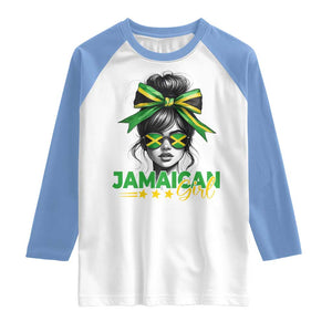 Proud Jamaican Girl Raglan Shirt Jamaica Messy Bun Retro Vintage Jamaican Flag TS10 White Carolina Blue Print Your Wear
