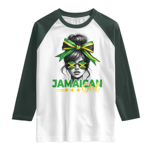 Proud Jamaican Girl Raglan Shirt Jamaica Messy Bun Retro Vintage Jamaican Flag TS10 White Dark Forest Green Print Your Wear