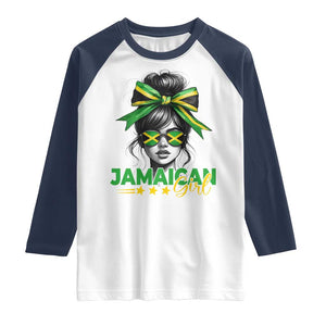 Proud Jamaican Girl Raglan Shirt Jamaica Messy Bun Retro Vintage Jamaican Flag TS10 White Navy Print Your Wear