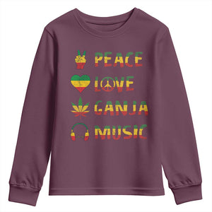 Rasta Weed Youth Sweatshirt Peace Love Ganja Marijuana Cannabis Reggae Music TS10 Maroon Print Your Wear