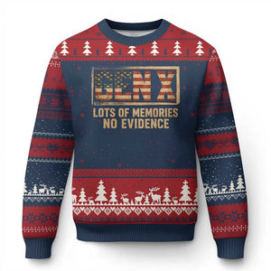 Funny Saying Sarcastic Gen X Lots of Memories No Evidence Ugly Christmas Sweater Vintage American Flag