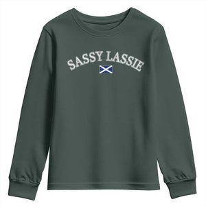 Sassy Lassie Scotland Flag Youth Sweatshirt Funny Scottish Pride Heritage Gift TS10 Dark Forest Green Print Your Wear