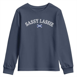 Sassy Lassie Scotland Flag Youth Sweatshirt Funny Scottish Pride Heritage Gift TS10 Navy Print Your Wear