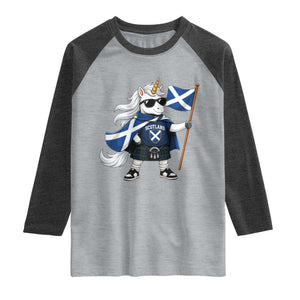 Funny Scotland Unicorn Raglan Shirt Cool Scottish Unicorn with Kilt Flag Scotland Pride Football Fans