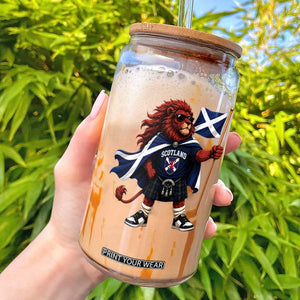 Proud Scotland Rampant Lion Glass Can Scottish Flag Red Lion Mascot with Kilt Football Fans