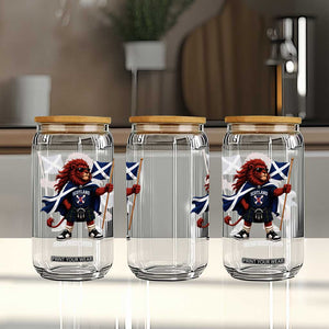 Proud Scotland Rampant Lion Glass Can Scottish Flag Red Lion Mascot with Kilt Football Fans