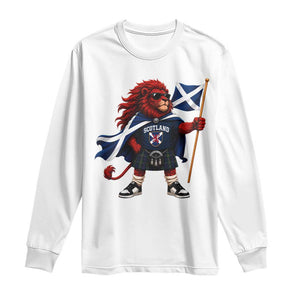 Proud Scotland Rampant Lion Long Sleeve Shirt Scottish Flag Red Lion Mascot with Kilt Football Fans