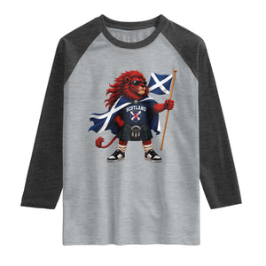 Proud Scotland Rampant Lion Raglan Shirt Scottish Flag Red Lion Mascot with Kilt Football Fans
