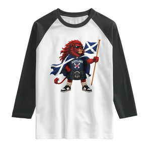 Proud Scotland Rampant Lion Raglan Shirt Scottish Flag Red Lion Mascot with Kilt Football Fans