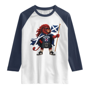 Proud Scotland Rampant Lion Raglan Shirt Scottish Flag Red Lion Mascot with Kilt Football Fans