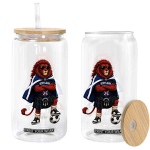 Scotland Rampant Lion Soccer Fan Glass Can Scottish Pride Red Lion in Kilt with Sunglasses Football