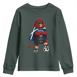 Scotland Rampant Lion Soccer Fan Youth Sweatshirt Scottish Pride Red Lion in Kilt with Sunglasses Football