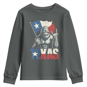 Bigfoot Texas Youth Sweatshirt Sasquatch Loves Rock On Hand Texan Texas Flag TS10 Dark Heather Print Your Wear
