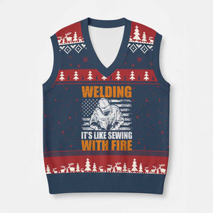 Welder Gifts for Men V-Neck Knit Sweater Vest Welding Its Like Sewing With Fire American Flag
