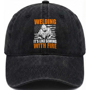 Welder Gifts for Men Washed Cotton Baseball Cap Welding Its Like Sewing With Fire American Flag