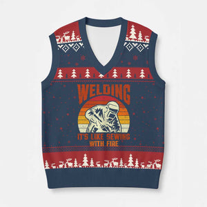 Funny Welder V-Neck Knit Sweater Vest Welding It's Like Sewing With Fire Retro Graphic