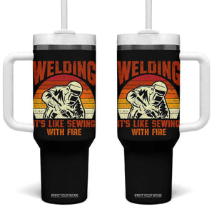 Funny Welder Tumbler With Handle Welding It's Like Sewing With Fire Retro Graphic
