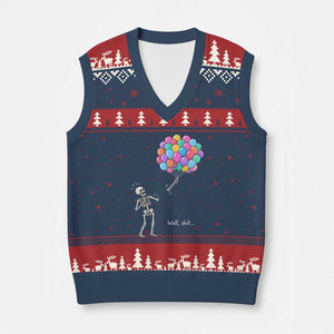 Well Shit Skeleton Detached Arm V-Neck Knit Sweater Vest Gothic Halloween Flying Balloons Graphic