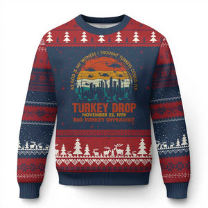 WKRP Turkey Drop Ugly Christmas Sweater Funny Thanksgiving Day First Annual WKRP TS10 Navy Red Print Your Wear