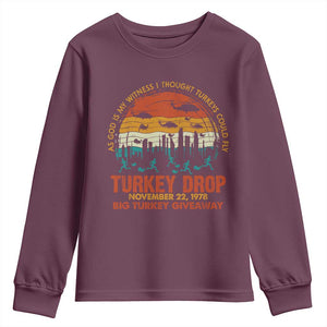 WKRP Turkey Drop Youth Sweatshirt Funny Thanksgiving Day First Annual WKRP TS10 Maroon Print Your Wear