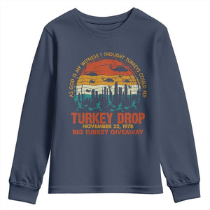 WKRP Turkey Drop Youth Sweatshirt Funny Thanksgiving Day First Annual WKRP TS10 Navy Print Your Wear