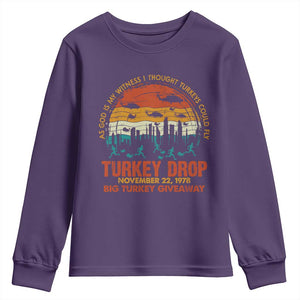 WKRP Turkey Drop Youth Sweatshirt Funny Thanksgiving Day First Annual WKRP TS10 Purple Print Your Wear