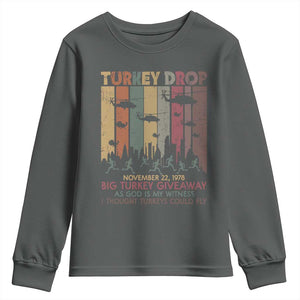 WKRP Turkey Drop Youth Sweatshirt Retro First Annual WKRP Funny Thanksgiving Day TS10 Dark Heather Print Your Wear