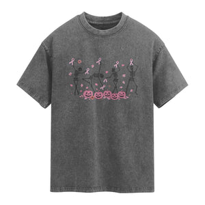 Dancing Skeletons Breast Cancer Washed Cotton T-Shirt Skeleton Pink Ribbon Halloween