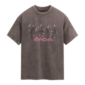 Dancing Skeletons Breast Cancer Washed Cotton T-Shirt Skeleton Pink Ribbon Halloween