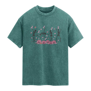 Dancing Skeletons Breast Cancer Washed Cotton T-Shirt Skeleton Pink Ribbon Halloween