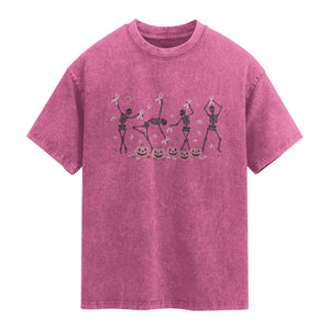 Dancing Skeletons Breast Cancer Washed Cotton T-Shirt Skeleton Pink Ribbon Halloween