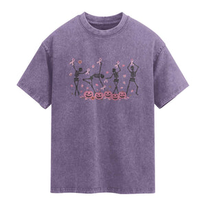 Dancing Skeletons Breast Cancer Washed Cotton T-Shirt Skeleton Pink Ribbon Halloween