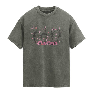 Dancing Skeletons Breast Cancer Washed Cotton T-Shirt Skeleton Pink Ribbon Halloween