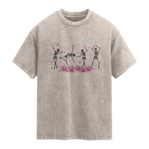 Dancing Skeletons Breast Cancer Washed Cotton T-Shirt Skeleton Pink Ribbon Halloween