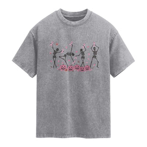 Dancing Skeletons Breast Cancer Washed Cotton T-Shirt Skeleton Pink Ribbon Halloween