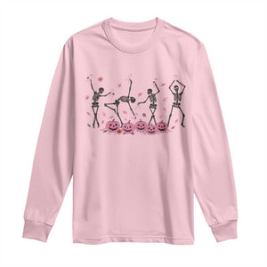 Dancing Skeletons Breast Cancer Long Sleeve Shirt Skeleton Pink Ribbon Halloween TS10 Light Pink Print Your Wear