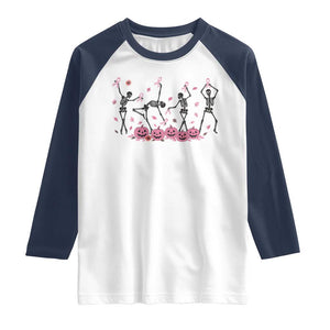 Dancing Skeletons Breast Cancer Raglan Shirt Skeleton Pink Ribbon Halloween TS10 White Navy Print Your Wear