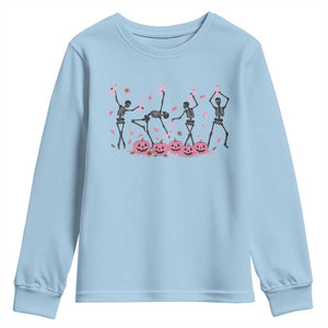 Dancing Skeletons Breast Cancer Youth Sweatshirt Skeleton Pink Ribbon Halloween TS10 Light Blue Print Your Wear