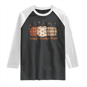 Grateful Thankful Blessed Pumpkin Raglan Shirt Hello Thanksgiving Cozy Fall Autumn Rustic TS10 Black White Print Your Wear