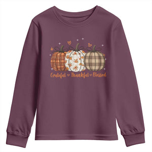 Grateful Thankful Blessed Pumpkin Youth Sweatshirt Hello Thanksgiving Cozy Fall Autumn Rustic TS10 Maroon Print Your Wear
