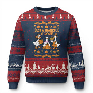 Just a Thankful Goose Ugly Christmas Sweater Thanksgiving Silly Gooses TS10 Navy Red Print Your Wear