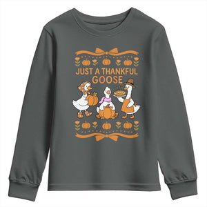 Just a Thankful Goose Youth Sweatshirt Thanksgiving Silly Gooses TS10 Dark Heather Print Your Wear