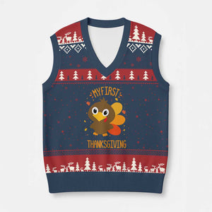 My First Thanksgiving V-Neck Knit Sweater Vest Funny Thanksgiving Turkey TS10 Navy Red Print Your Wear