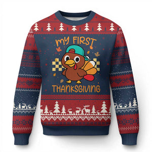 My First Thanksgiving Ugly Christmas Sweater Funny Newborn Thanksgiving Turkey Boys TS10 Navy Red Print Your Wear