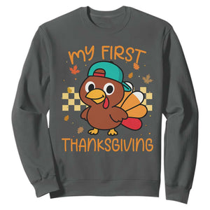 My First Thanksgiving Sweatshirt Funny Newborn Thanksgiving Turkey Boys TS10 Dark Heather Print Your Wear