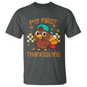 My First Thanksgiving T Shirt Funny Newborn Thanksgiving Turkey Boys TS10 Dark Heather Print Your Wear