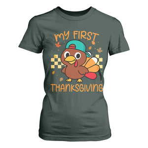 My First Thanksgiving T Shirt For Women Funny Newborn Thanksgiving Turkey Boys TS10 Dark Forest Green Print Your Wear