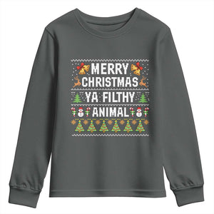 Merry Christmas Ya Filthy Animal Youth Sweatshirt Ugly Xmas Movie Alone Pajama TS10 Dark Heather Print Your Wear